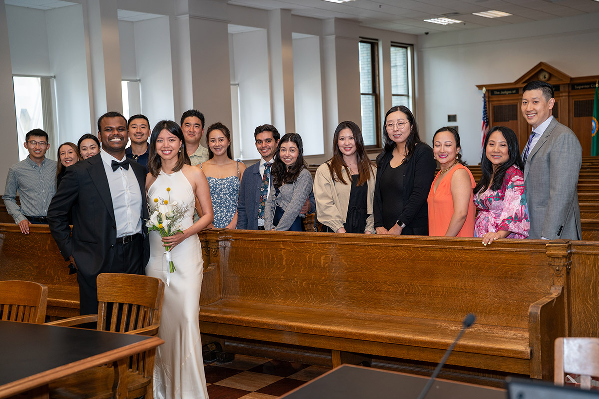 The bride and groom in the city hall