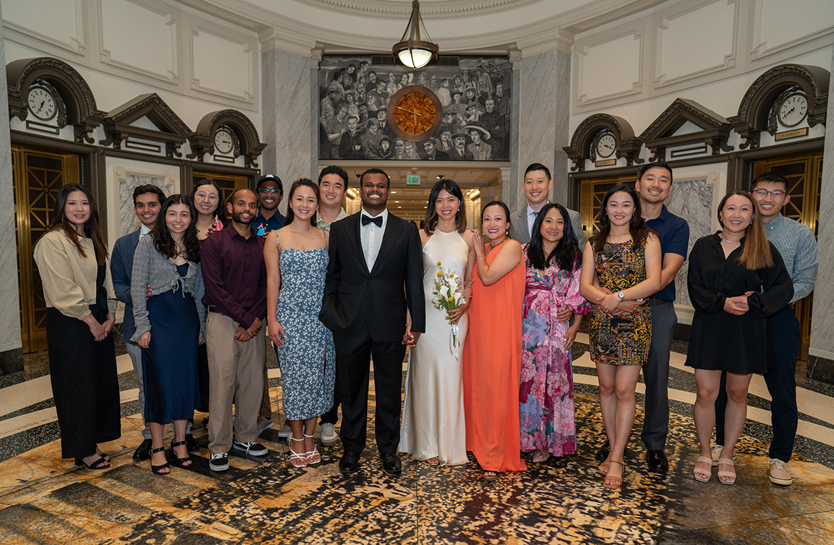 Family photo on the wedding day in the city hall