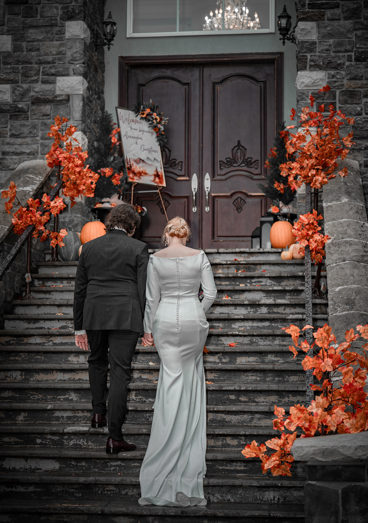 The beautiful picture of a couple climbing stairs