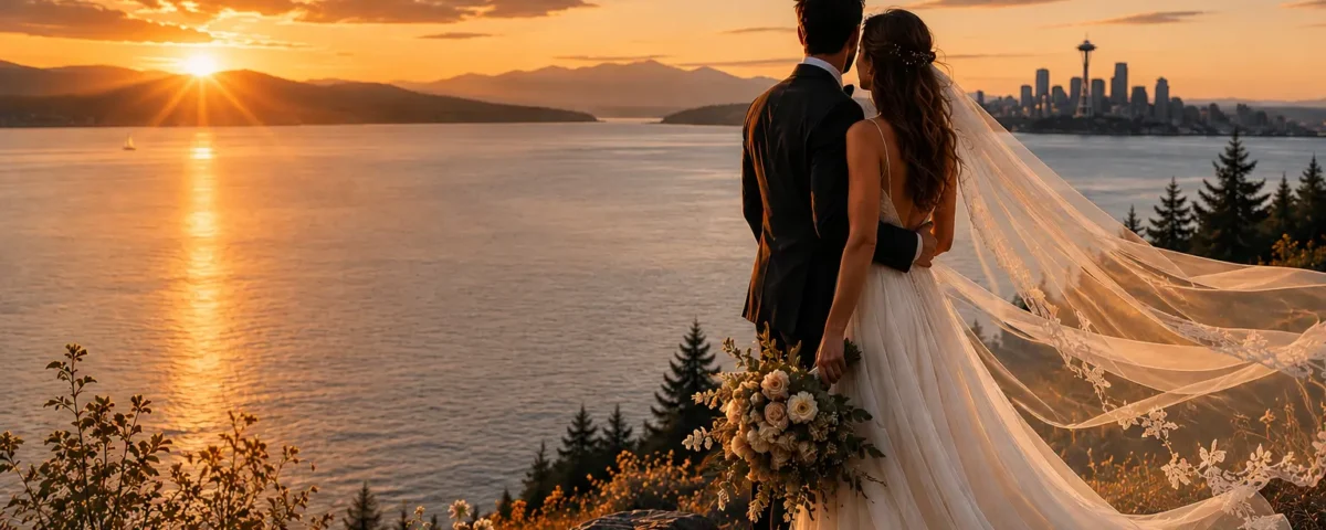 Wedding photo by the water with Seattle in the horizon